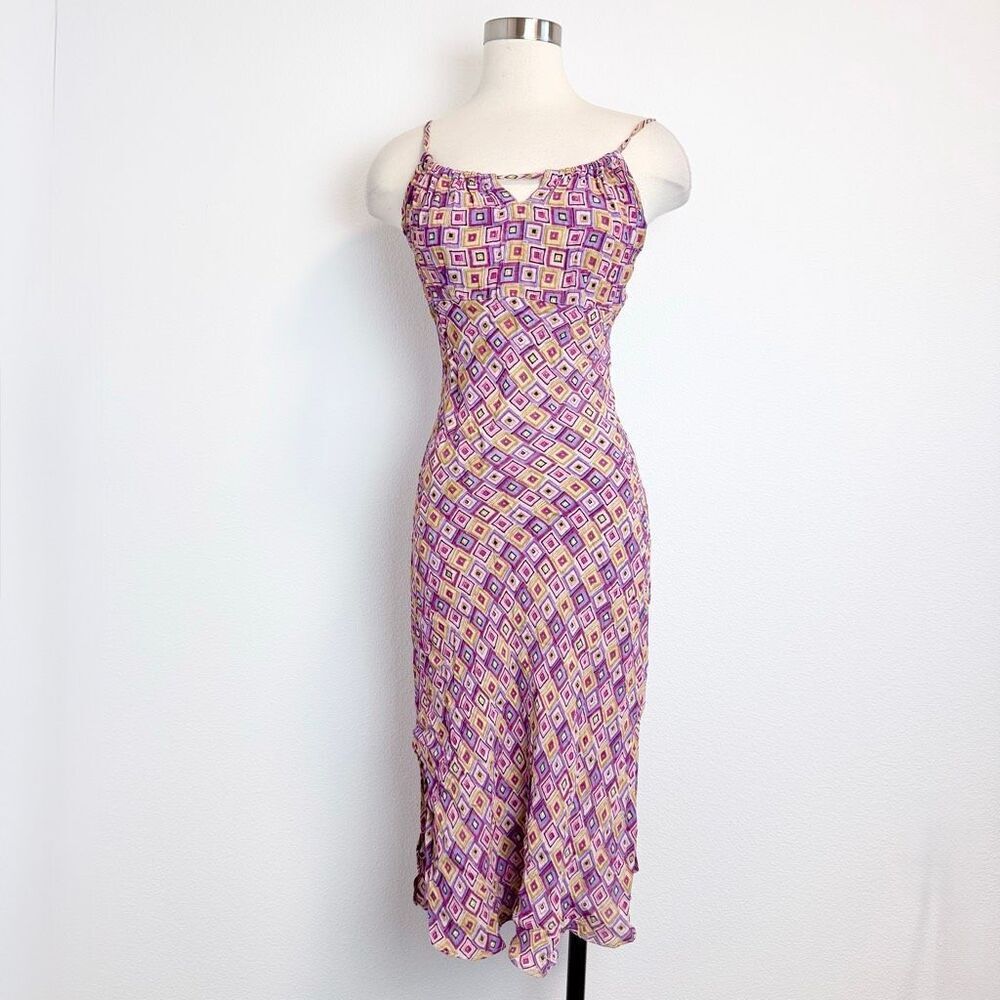 Vintage Y2K Pink Purple Geo Ruffle Dress Small Floral Pencil Slit Midi